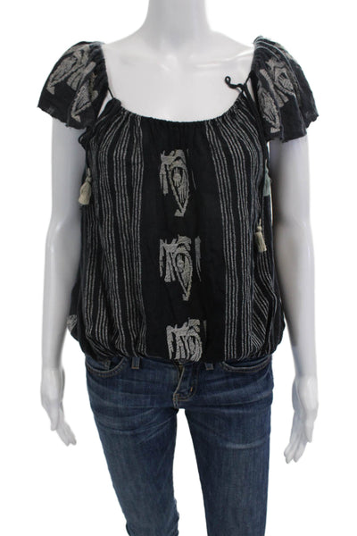 Free People Womens Boho Geometric Black Blouse Short Sleeve Drawstring Size XS