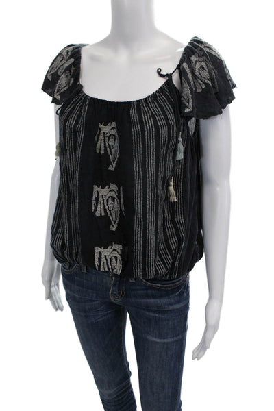 Free People Womens Boho Geometric Black Blouse Short Sleeve Drawstring Size XS