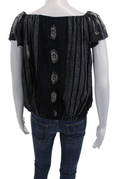Free People Womens Boho Geometric Black Blouse Short Sleeve Drawstring Size XS