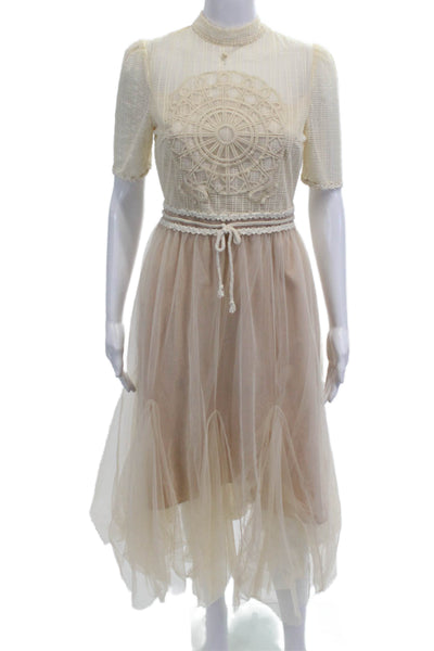 Alex Vinash, Women Fit & Flare Dress Beige High Neck Short Sleeve Long Size M