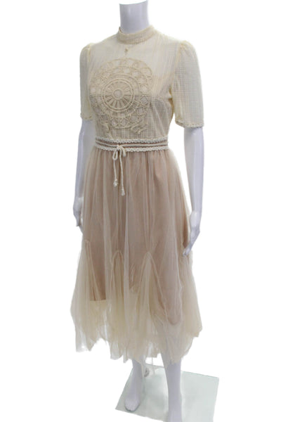 Alex Vinash, Women Fit & Flare Dress Beige High Neck Short Sleeve Long Size M