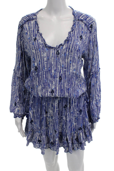 Poupette St. Barth Women Romper Blue Geometric Scoop Neck Long Sleeve Size S