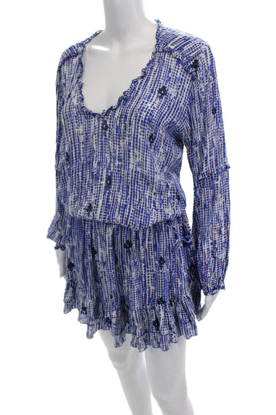 Poupette St. Barth Women Romper Blue Geometric Scoop Neck Long Sleeve Size S