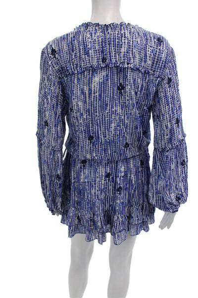 Poupette St. Barth Women Romper Blue Geometric Scoop Neck Long Sleeve Size S