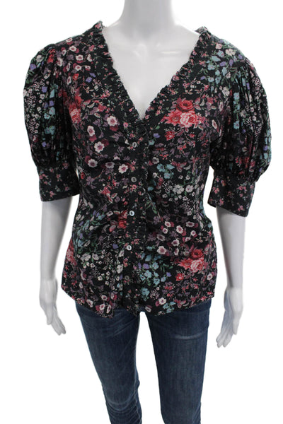 Love Shack Fancy Women Black Floral V-Neck Button-Up Blouse 3/4-Sleeve Size M