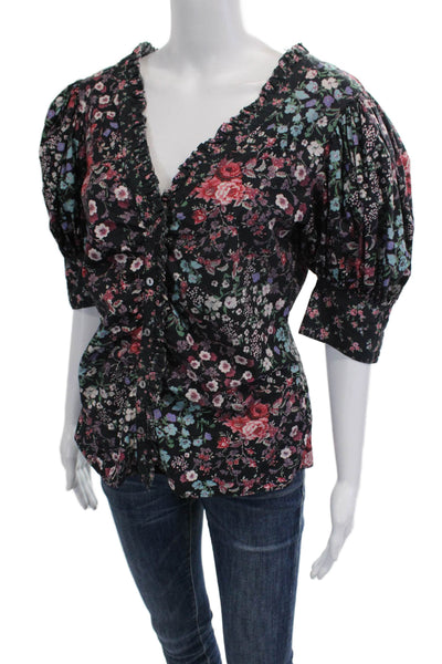 Love Shack Fancy Women Black Floral V-Neck Button-Up Blouse 3/4-Sleeve Size M
