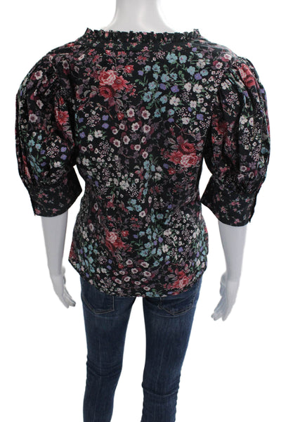 Love Shack Fancy Women Black Floral V-Neck Button-Up Blouse 3/4-Sleeve Size M