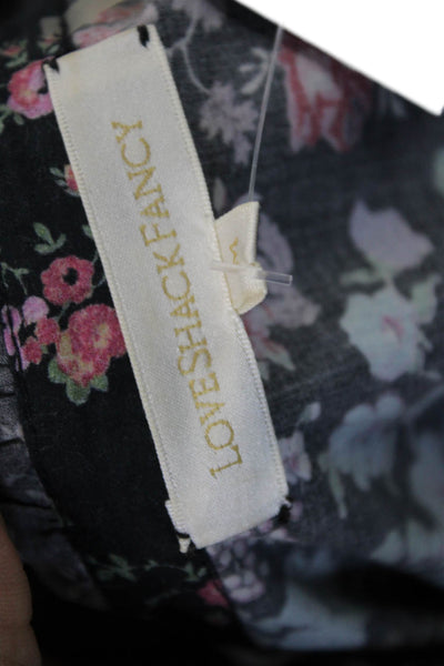 Love Shack Fancy Women Black Floral V-Neck Button-Up Blouse 3/4-Sleeve Size M