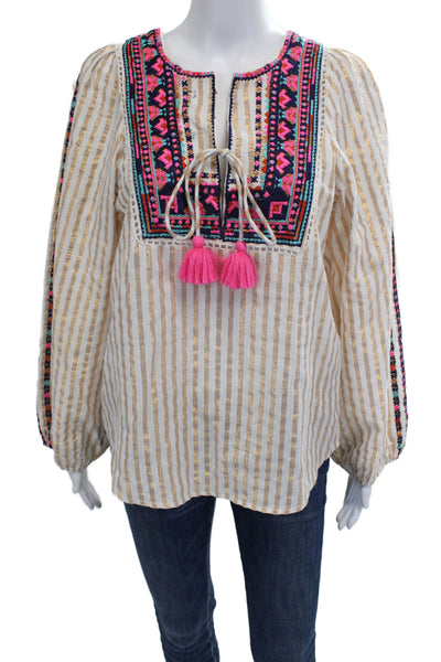 Figue Womens Tunic Blouse Beige Striped Long Sleeve Cotton Lurex Boho Size S