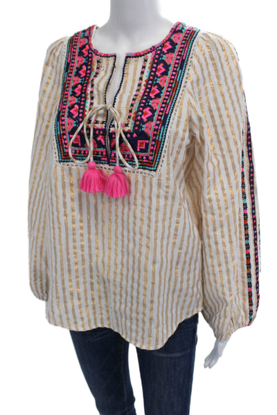 Figue Womens Tunic Blouse Beige Striped Long Sleeve Cotton Lurex Boho Size S