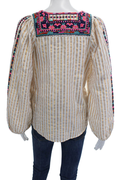 Figue Womens Tunic Blouse Beige Striped Long Sleeve Cotton Lurex Boho Size S