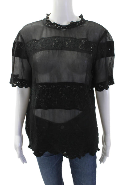 Guadalupe Women Bohemian High Neck Black Short Sleeve Blouse Viscose Size L