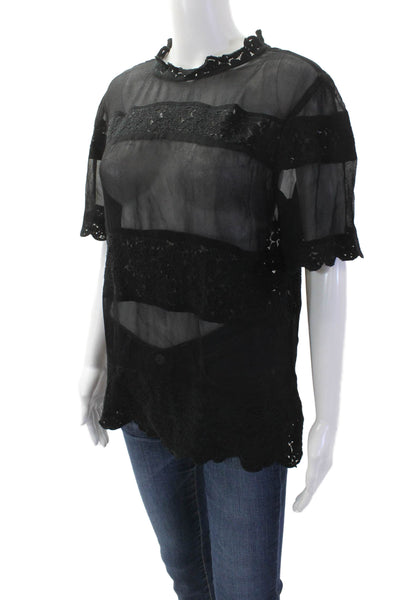 Guadalupe Women Bohemian High Neck Black Short Sleeve Blouse Viscose Size L