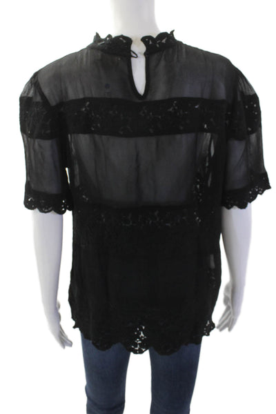Guadalupe Women Bohemian High Neck Black Short Sleeve Blouse Viscose Size L