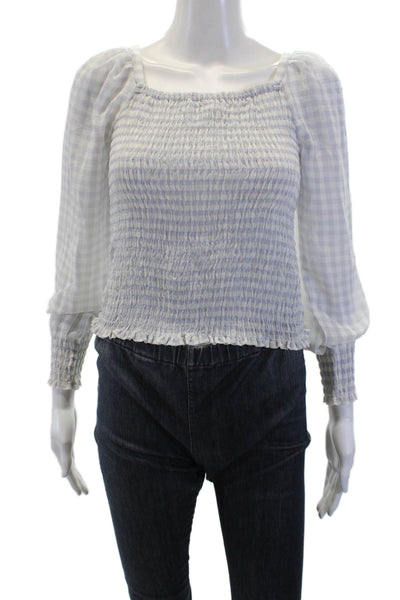 Ann Taylor Womens Cropped Check Square Neck Blouse Light Blue Petite Size 2XS