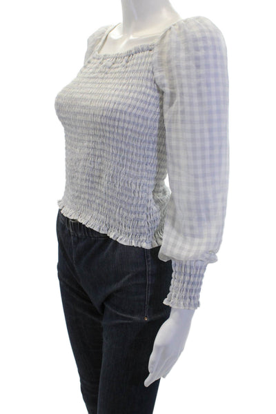 Ann Taylor Womens Cropped Check Square Neck Blouse Light Blue Petite Size 2XS