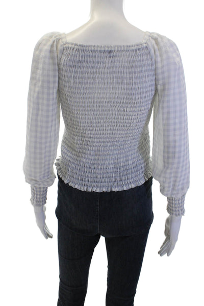 Ann Taylor Womens Cropped Check Square Neck Blouse Light Blue Petite Size 2XS