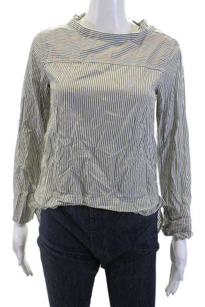 J Crew Womens Green Striped Cotton Crew Neck Blouse Button Long Sleeve Size 0P