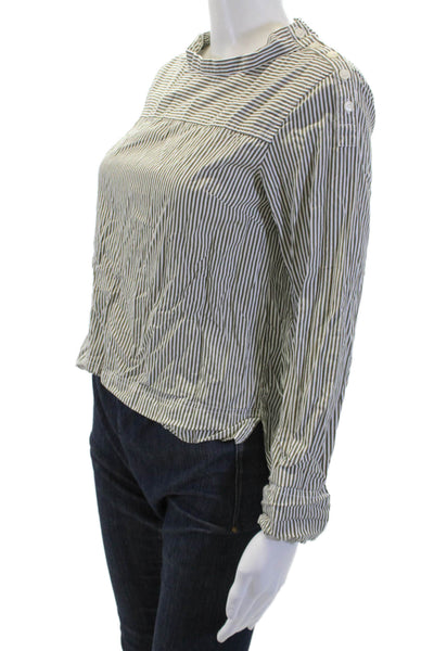 J Crew Womens Green Striped Cotton Crew Neck Blouse Button Long Sleeve Size 0P