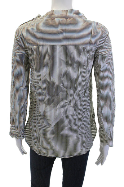 J Crew Womens Green Striped Cotton Crew Neck Blouse Button Long Sleeve Size 0P