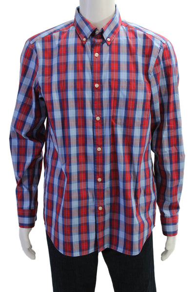 Vineyard Vines Mens Button Front Collared Plaid Pocket Shirt Red Blue Medium