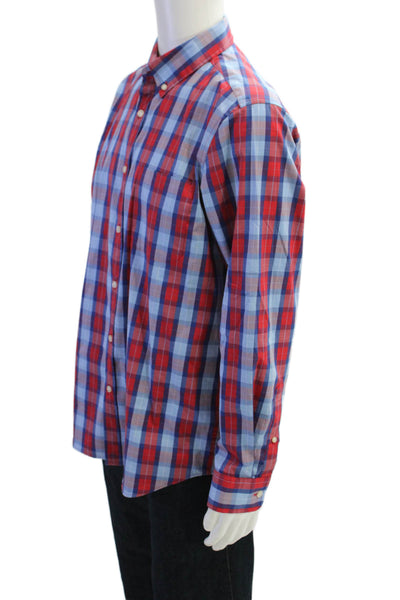 Vineyard Vines Mens Button Front Collared Plaid Pocket Shirt Red Blue Medium
