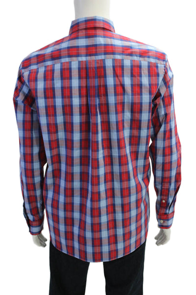 Vineyard Vines Mens Button Front Collared Plaid Pocket Shirt Red Blue Medium