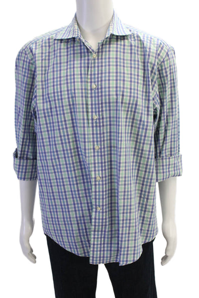 Etro Mens Button Front Long Sleeve Collared Plaid Shirt White Green Size 42