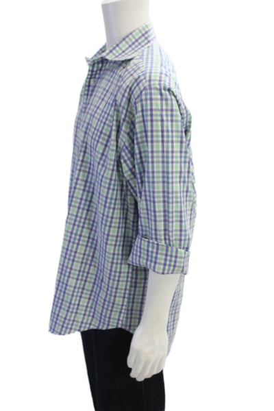 Etro Mens Button Front Long Sleeve Collared Plaid Shirt White Green Size 42