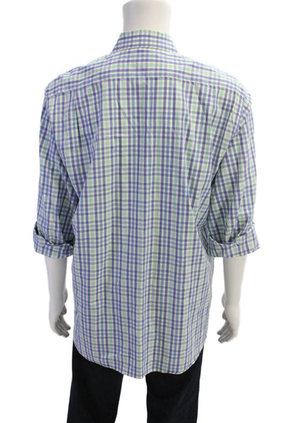 Etro Mens Button Front Long Sleeve Collared Plaid Shirt White Green Size 42