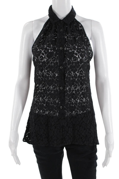 Sharis Women Black Floral Collared Sleeveless Button-Up Blouse Size 42