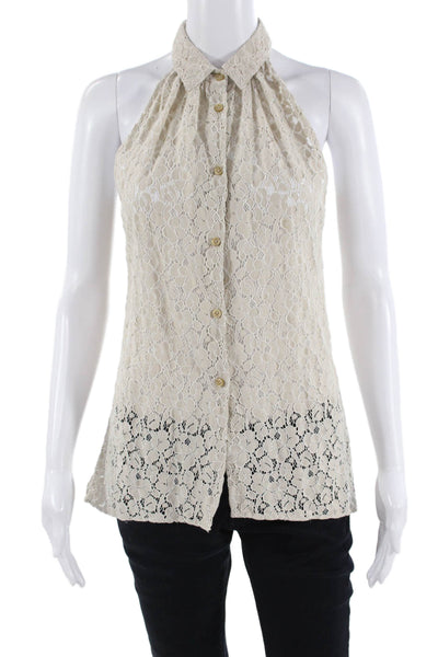 Sharis Place Women Beige Floral Collared Button-Up Bohemian Blouse Size 42