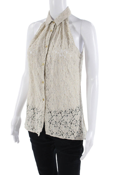 Sharis Place Women Beige Floral Collared Button-Up Bohemian Blouse Size 42
