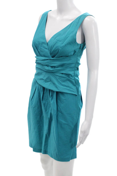 Cynthia Steffe Women Wrap Dress Blue V-Neck Sleeveless Knee-Length Size 2