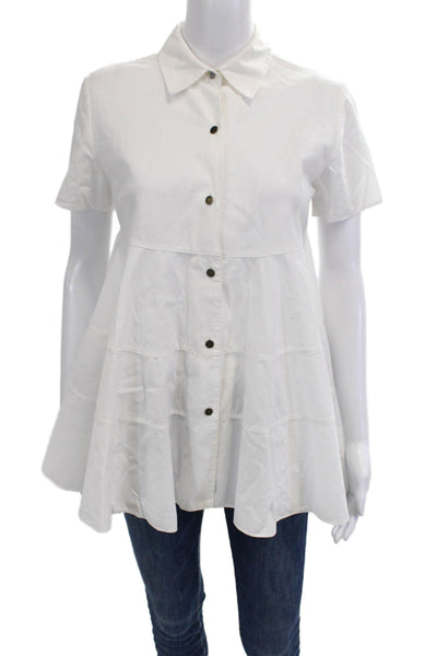 CO Women Collared Tunic Blouse Short Sleeve Cotton White Size S