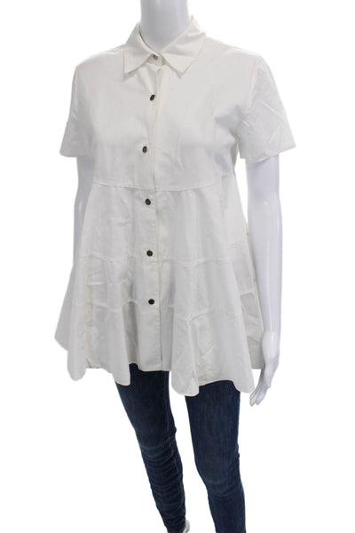 CO Women Collared Tunic Blouse Short Sleeve Cotton White Size S