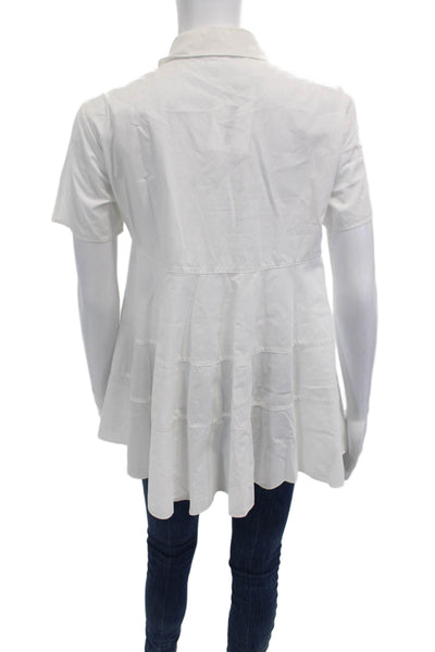 CO Women Collared Tunic Blouse Short Sleeve Cotton White Size S