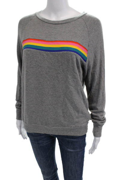 LNA Womens Pullover Sweatshirt Gray Striped Crewneck Rainbow Size S