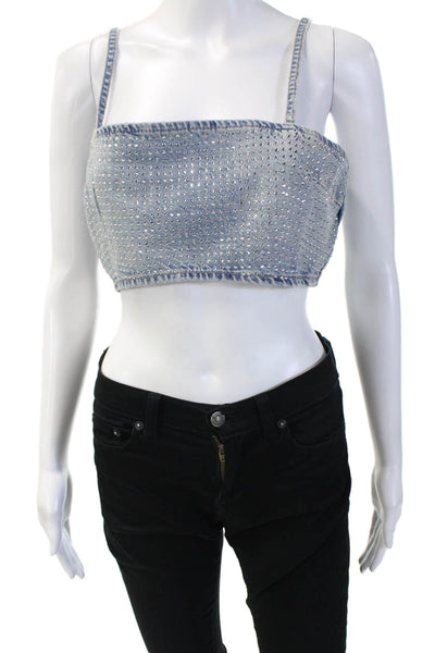 Zara Womens Cropped Spaghetti Strap Tank Blue Square Neck Zip Cotton Size L