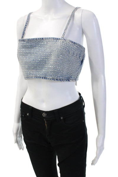 Zara Womens Cropped Spaghetti Strap Tank Blue Square Neck Zip Cotton Size L