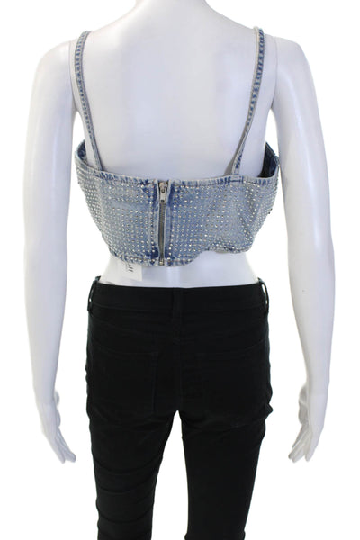 Zara Womens Cropped Spaghetti Strap Tank Blue Square Neck Zip Cotton Size L