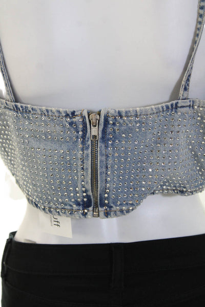 Zara Womens Cropped Spaghetti Strap Tank Blue Square Neck Zip Cotton Size L