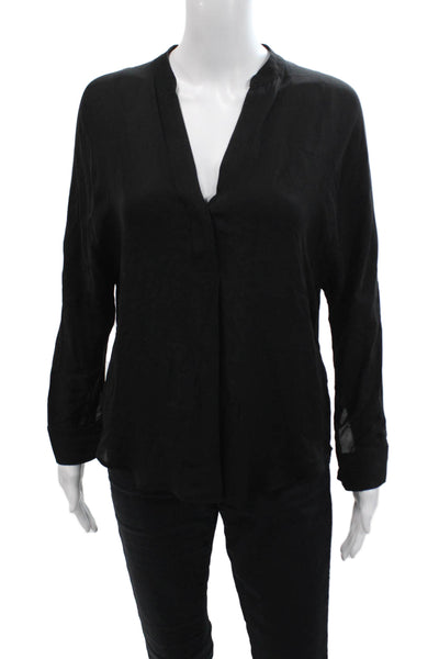 Vince Women Black Basic V-Neck 3/4 Sleeve Silk Blend Blouse Size XS