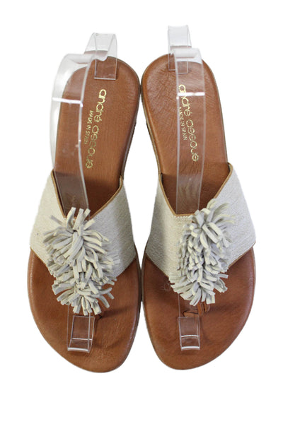 Andre Assous Women's T-Straps Tassel Flat Slip-On Sandals Beige Size 8