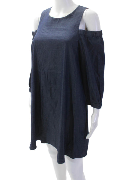 Tibi Women Shift Shirt Dress Dark Blue Cotton Button 3/4 Sleeve Size 4
