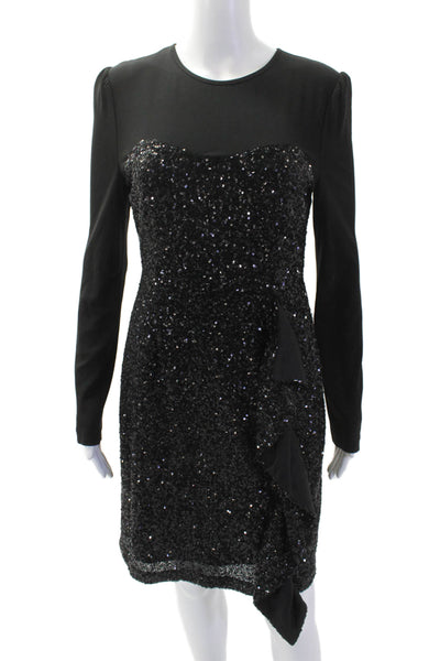 Nicole Miller Women Sheath Dress Black Long Sleeve Crew Neck Polyester Size 6