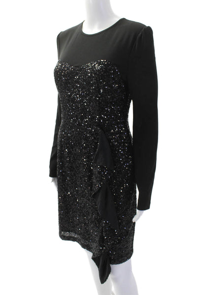 Nicole Miller Women Sheath Dress Black Long Sleeve Crew Neck Polyester Size 6