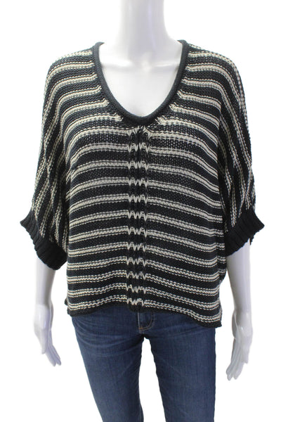 Wooden Ships Women V-Neck Striped Pullover Sweater Black Cotton Blend Size M