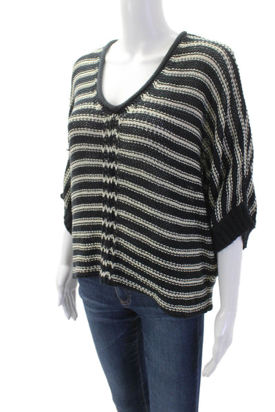 Wooden Ships Women V-Neck Striped Pullover Sweater Black Cotton Blend Size M
