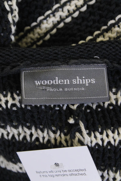 Wooden Ships Women V-Neck Striped Pullover Sweater Black Cotton Blend Size M